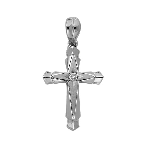 14K White Gold CZ Religious Cross Pendant